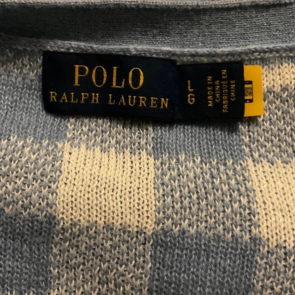 Polo Ralph Lauren Blue Gingham Linen Cotton Short Sleeve Cardigan Sweater preppy